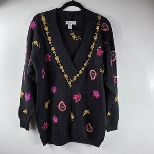 Vintage Ralsey Embroidered V-Neck Sweater Black Pink Gold Floral Paisley Women's